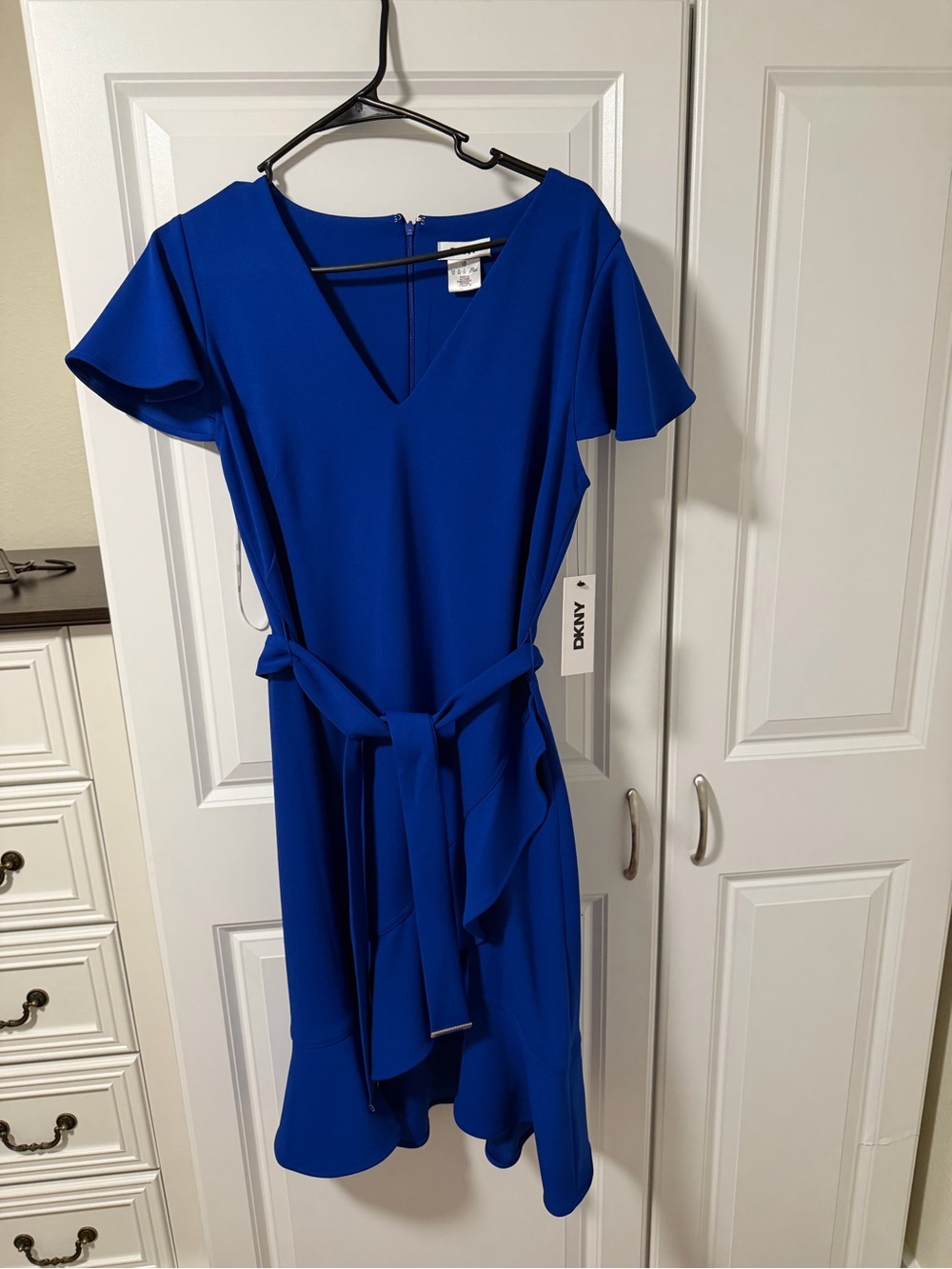 DKNY Cobalt Blue V-Neck Belted Ruffle Midi Dress